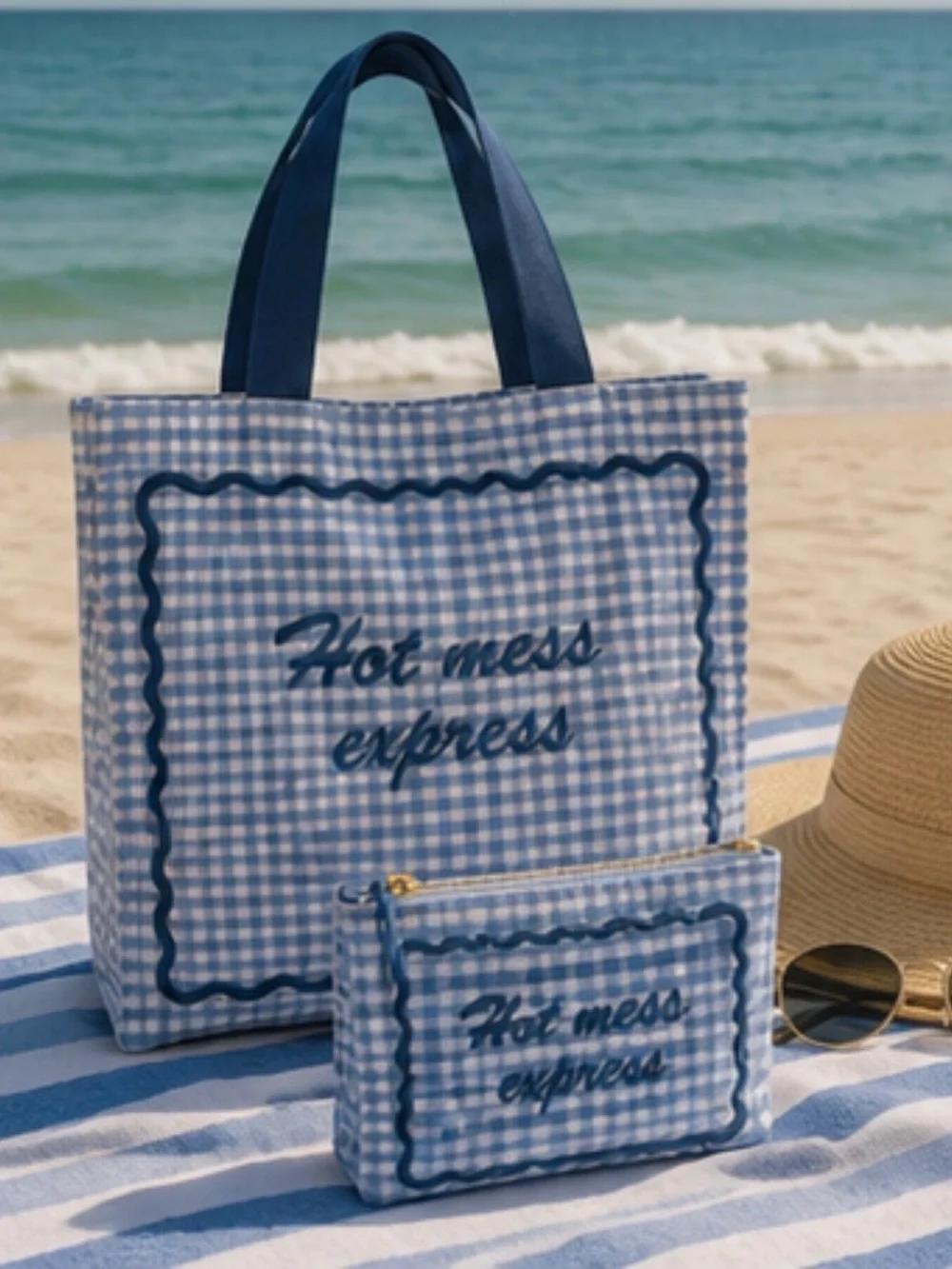 Lady Delaney | Blue Gingham Embroidered 'Hot Mess Express' Tote Bag Set - Picture 5 of 14